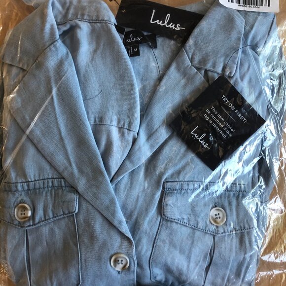 Lulus Pleasant Cutie Blue Chambray Collared Midi Dress With Pockets - Size M - Picture 5 of 5